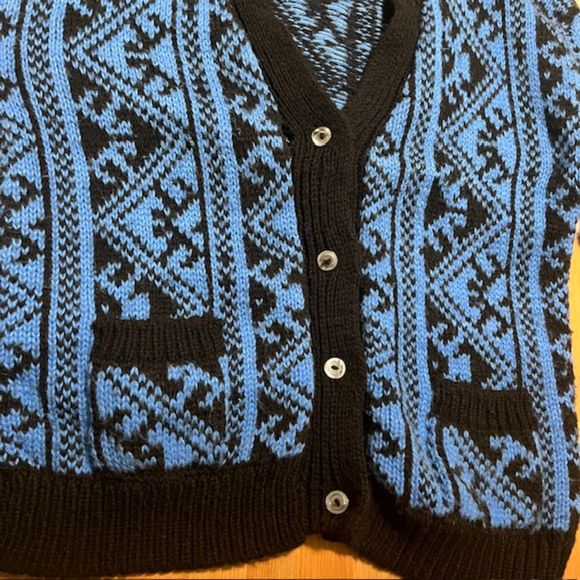 Womens Blue Black Aztec Tribal Pattern Knit Cardigan Sweater Pockets Sz LG/XL - Picture 7 of 10
